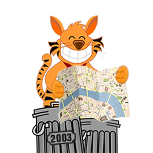 tom cat sitting on a dust bin with a map